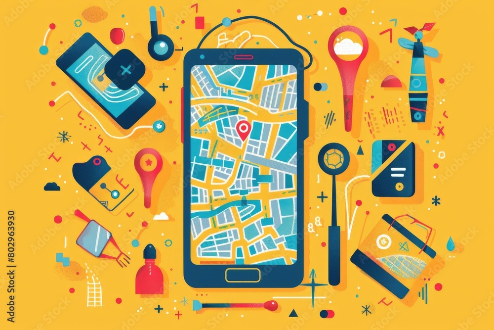 Poster A modern smartphone displaying a map surrounded by various gadgets. Perfect for technology and travel concepts
