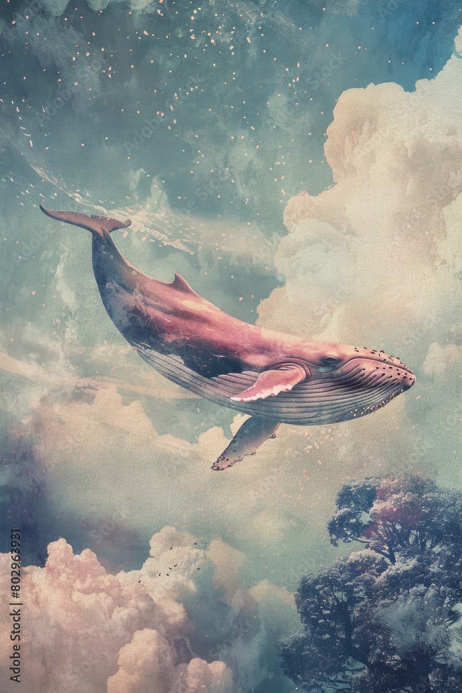 Poster a unique painting of a whale flying in the sky. suitable for artistic projects