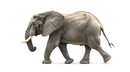 Fototapeta premium Majestic African Elephant Walking Isolated on White Background. Wildlife in Natural Habitat Conceptualized in Realistic Style for Educational Use. Perfect for Nature Themes. AI
