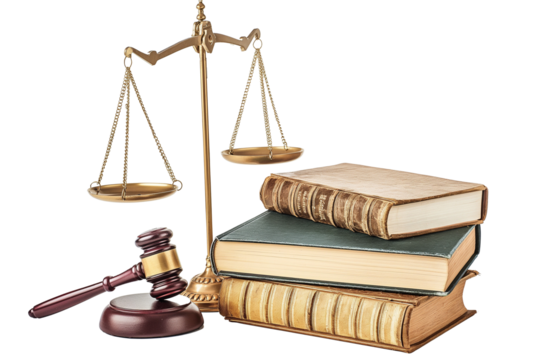 Scales of justice, hammers and books isolated on transparent background