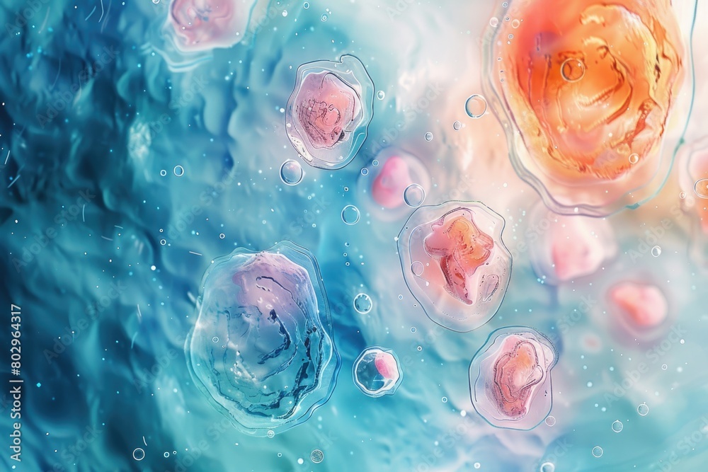 Poster a bunch of cells floating in water. suitable for science and medical concepts