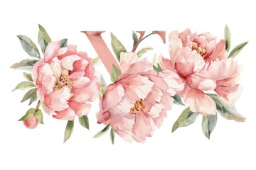 Beautiful watercolor painting of pink flowers with the letter V, perfect for various design projects