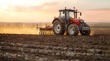 Contemporary red tractor tilling soil with modern equipment in a rural field at sunset