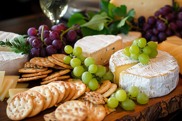 A cheese and fruit platter with crackers and grapes
