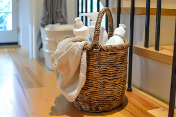 A basket full of cleaning supplies sits on a wooden floor. Concept of organization and cleanliness, as the basket is neatly arranged
