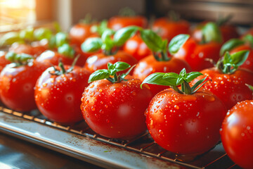 A tray of tomatoes with green leaves on top