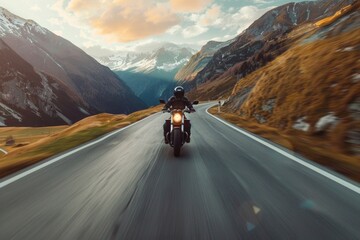 Person riding a motorcycle down a scenic mountain road. Ideal for travel and adventure concepts
