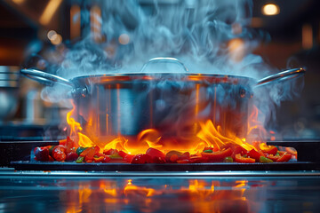 A pot of food is cooking on a stove with smoke and steam coming out of it