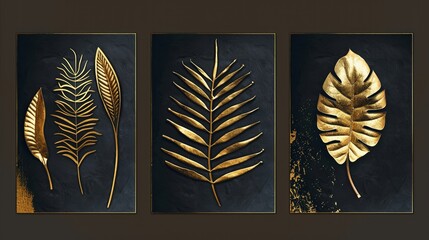 Triptych displaying a progression of leaf designs, each with gold detailing, blending botanical art with luxury