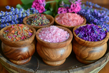 A wooden tray with five small bowls containing different colored salt and herbs. The bowls are arranged in a row and surrounded by purple flowers. Concept of calm and relaxation