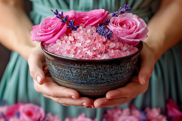 A woman is holding a bowl with pink flowers and pink salt