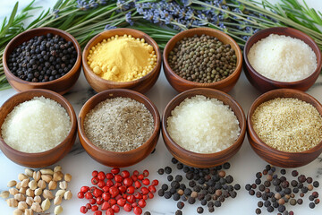 A variety of spices are displayed in wooden bowls on a counter. The spices include black pepper, white pepper, and salt. The bowls are arranged in a row