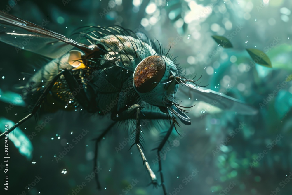 Poster detailed close up shot of a fly perched on a tree branch. suitable for nature and wildlife themes