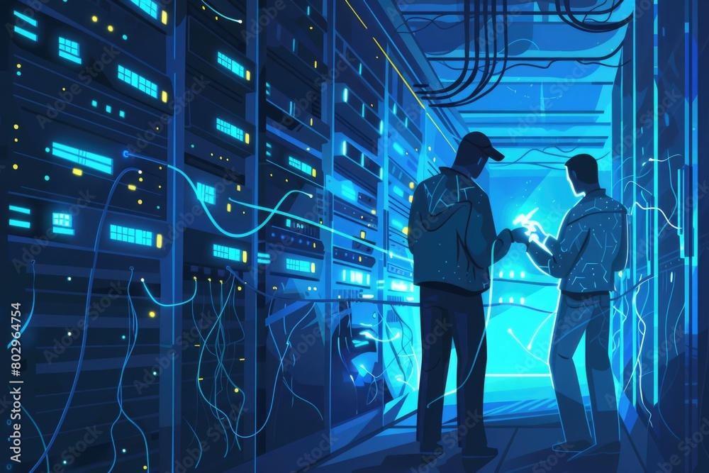 Aufkleber two men standing in a server room. suitable for technology concept