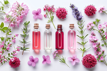 A collection of flower petals and flower vials. The vials are of different colors and sizes, and the flowers are of various types and sizes. Concept of beauty and harmony