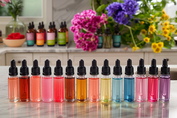 A row of colorful bottles with different colored liquids in them. The bottles are lined up on a counter