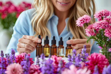 A woman is sitting in front of a table with many bottles of perfume and flowers
