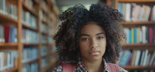 Focused African-American Teenage Girl with Backpack in Library. Generative ai