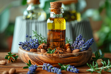A bottle of oil is on a wooden tray with lavender and other herbs