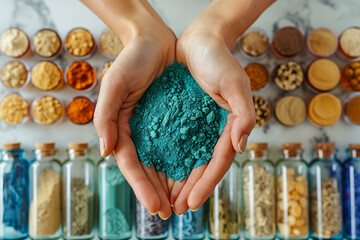 A hand holding a blue powder next to a bunch of other jars. The jars are filled with different colored powders
