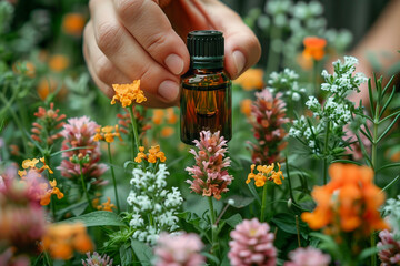 A bottle of essential oil is being held in a field of flowers. The bottle is brown and the flowers are pink and orange. The scene is peaceful and serene