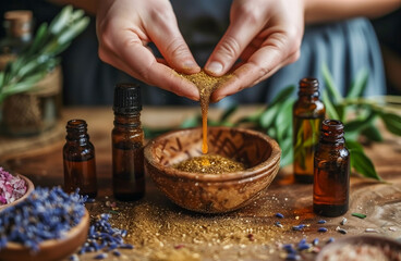 A person is holding a bowl of sand and a bunch of bottles of essential oils. The scene is set on a wooden table with a variety of plants and flowers