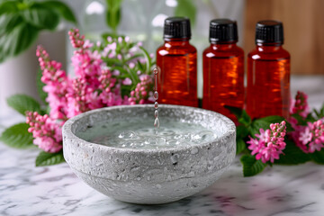 A bowl of water with a few drops of oil in it is surrounded by flowers. The bowl is on a marble countertop