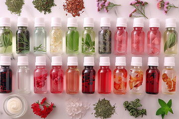 A row of bottles with various colored liquids and herbs. The bottles are lined up on a table with a white background
