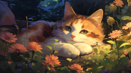 Orange cat with green eyes lies among daisies 2D cartoon illustration. Evening blooms kitten lofi wallpaper background lo-fi art. Peaceful cat, calm kitty flat image cozy chill vibe