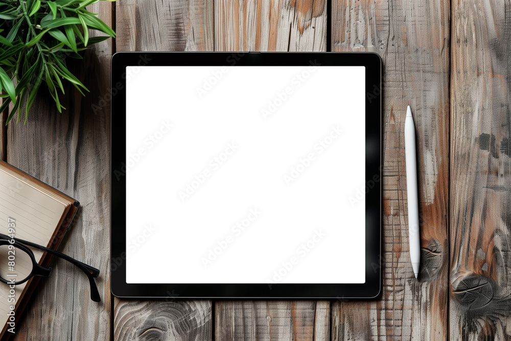 Wall mural Mock-up of a digital tablet with a transparent screen on a wooden table. Top view, Flat lay