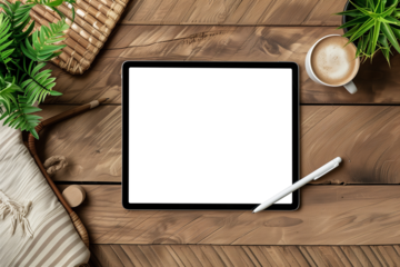 Mock-up of a digital tablet with a transparent screen on a wooden table. Top view, Flat lay