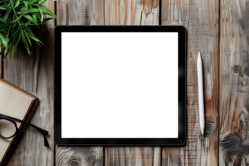 Mock-up of a digital tablet with a transparent screen on a wooden table. Top view, Flat lay