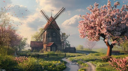A picturesque windmill standing in a vast green field. Perfect for agricultural or rural concepts