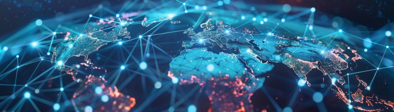 World map with network pins highlighting global connectivity, illustrating the interconnections across continents