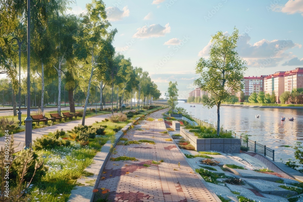 Poster Scenic view of park with benches and trees by river. Suitable for outdoor and nature concepts