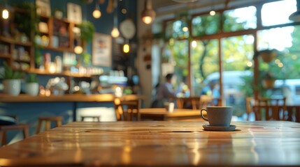 Tranquil Early Morning in a Cozy Coffee Shop with Sunlight. Generative ai
