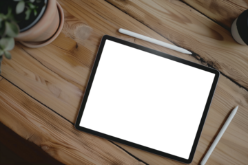 Mock-up of a digital tablet with a transparent screen on a wooden table. Top view, Flat lay