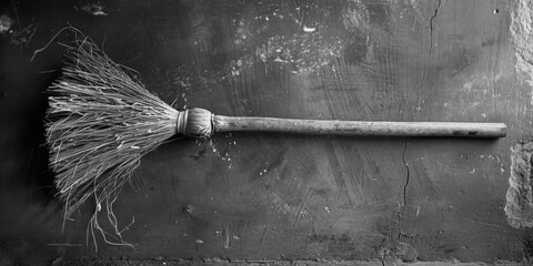 Simple black and white photo of a broom leaning against a wall. Suitable for household or cleaning concept