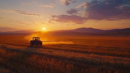 Fototapeta premium Tractor spraying crops in a picturesque agricultural setting at sunset