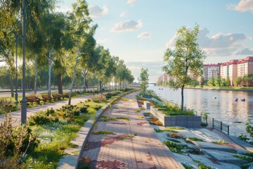 Scenic view of park with benches and trees by river. Suitable for outdoor and nature concepts