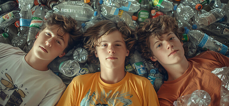 Three Boys Surrounded by Plastic Bottles Highlighting Environmental Concerns. Generative ai