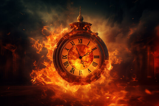 A clock on fire, clock on fire is isolated on a black color background. time is money concept.