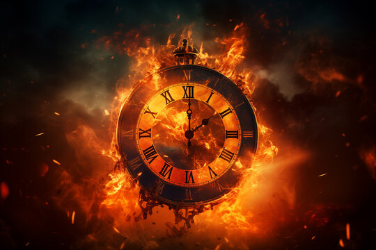 A clock on fire, clock on fire is isolated on a black color background. time is money concept.