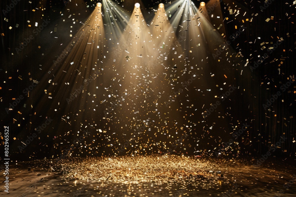 Poster A stage with spotlights and confetti falling, suitable for event and celebration concepts