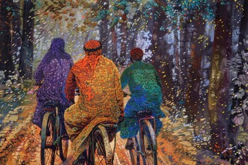 Three individuals cycling through a lush forest. Ideal for outdoor and recreational concepts