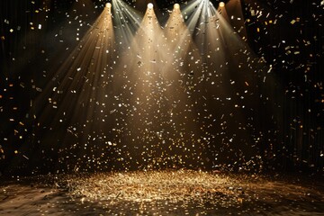 A stage with spotlights and confetti falling, suitable for event and celebration concepts