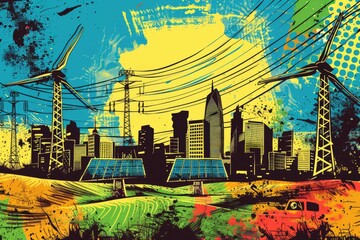 A city skyline featuring wind turbines. Ideal for environmental concepts