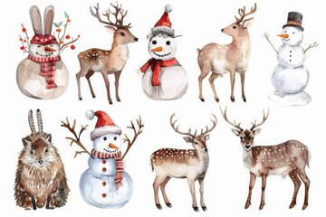 Fototapeta premium A festive collection of watercolor Christmas animals and snowmen. Perfect for holiday decorations and greeting cards