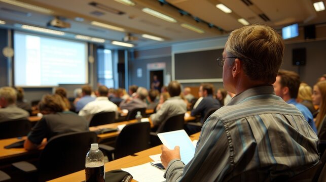 Adult trainee utilizing a tablet during a professional development workshop
