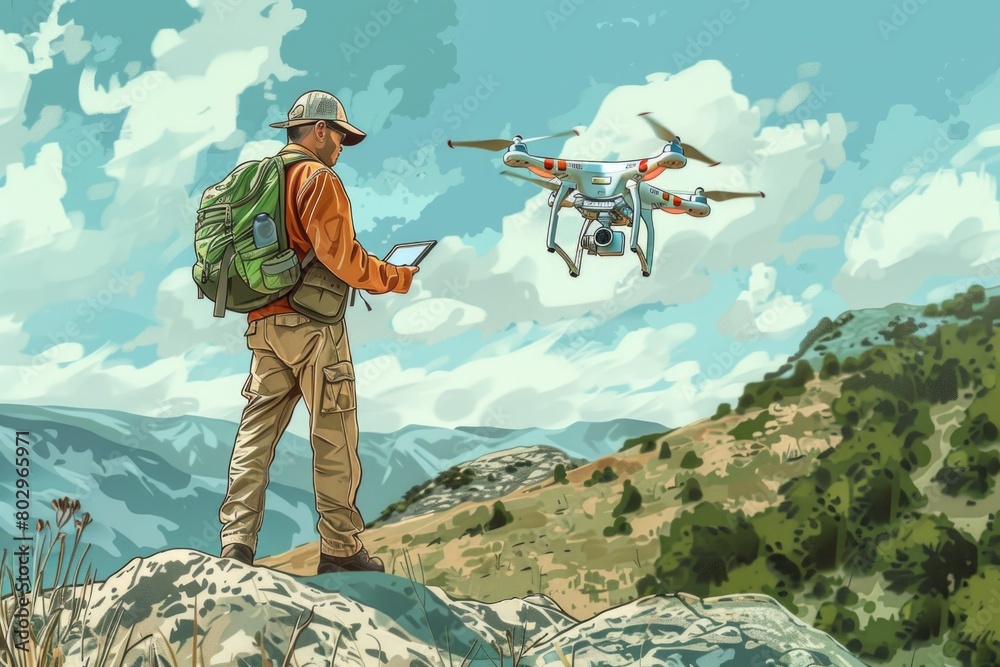 Aufkleber Man standing on top of a mountain looking at a flying object. Suitable for adventure and exploration concepts